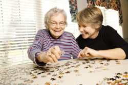Nurse playing puzzle game with her elder female patient